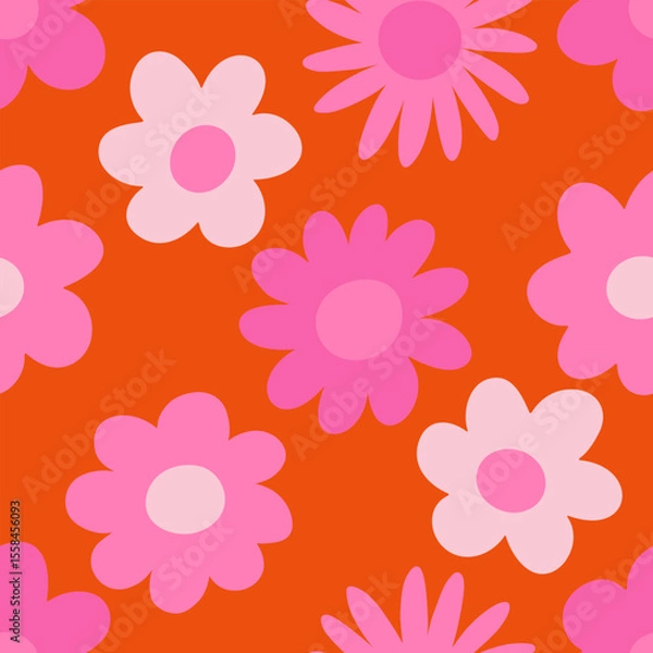 Obraz Seamless retro floral pattern with bold orange daisy-like flowers on a vibrant wavy pink background. Groovy and playful 70s-style vector design, perfect for textile, wallpaper, packaging, and digital 