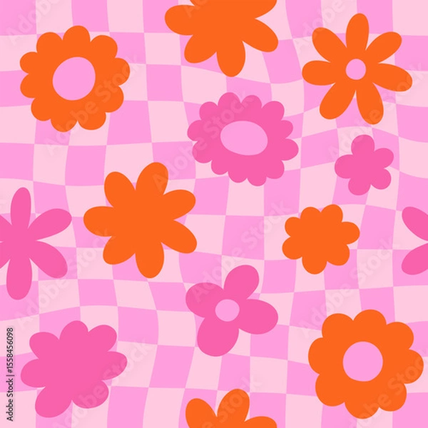 Obraz Seamless retro floral pattern with bold orange daisy-like flowers on a vibrant wavy pink background. Groovy and playful 70s-style vector design, perfect for textile, wallpaper, packaging, and digital 