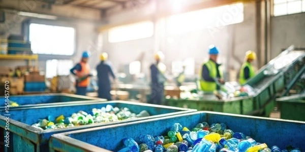 Fototapeta The recycling process in a busy waste management facility with dedicated workers.