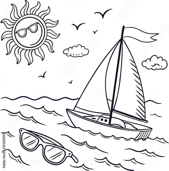 Obraz A vibrant vector illustration of a sailing ship on a summer sea, ideal for travel and nautical designs