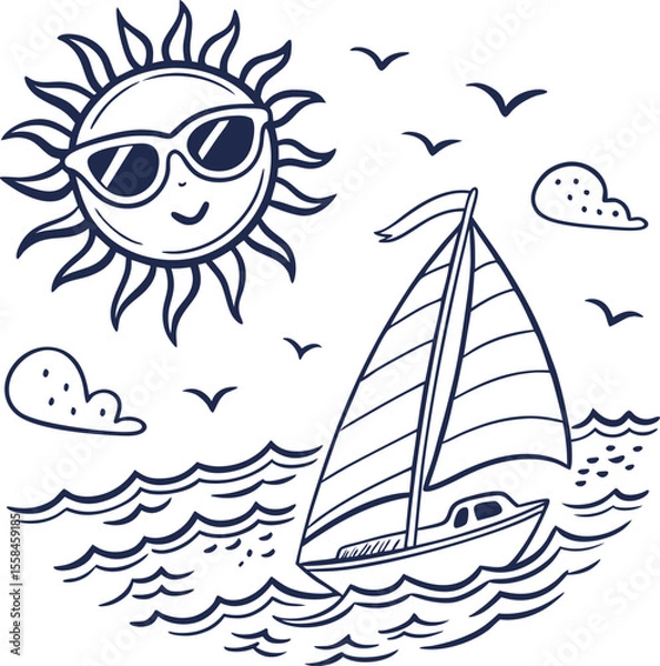 Obraz Vector illustration of a sailing boat on the summer sea, with waves, sun, and sky