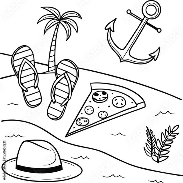 Obraz Vibrant vector illustrations depicting an idyllic tropical beach vacation with summer icons, palm trees, and ocean elements like boats and airplanes for travel tourism