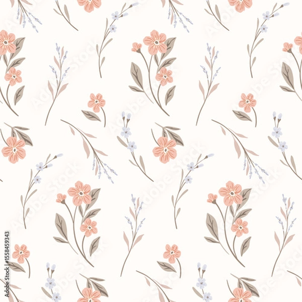 Fototapeta Seamless floral pattern, liberty ditsy print in delicate pastel colors. Romantic botanical design of small hand drawn flowers, tiny twigs, leaves in abstract composition on white. Vector illustration.