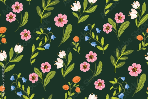 Fototapeta Seamless floral pattern, decorative ditsy print in cute folk art style. Pretty botanical design of small hand drawn wild plants, flowers, leaves abstractly on green field. Vector illustration.