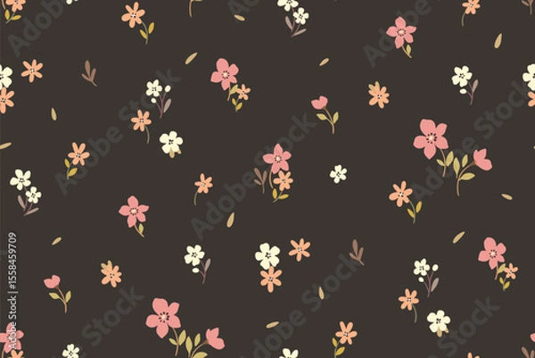 Fototapeta Seamless floral pattern, pretty liberty ditsy print of mini flowers on brown field. Cute botanical design of simple hand drawn plants, small delicate flowers, tiny leaves abstract. Vector illustration