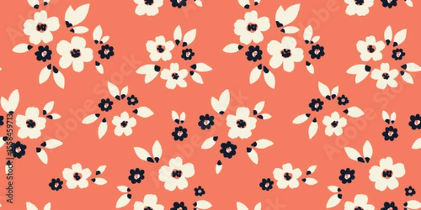 Fototapeta Seamless floral pattern, liberty ditsy print of simple small hand drawn plants in country motif. Pretty botanical design of tiny daisy flowers, leaves, bouquets on red background. Vector illustration.