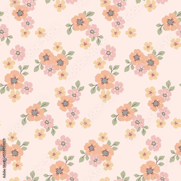 Fototapeta Seamless floral pattern, gentle liberty ditsy print of hand drawn blooming bouquets. Pastel botanical design, small hand drawn flowers, tiny leaves. Romantic garden textile print. Vector illustration.