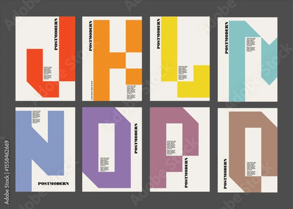 Obraz Postmodern set of posters. covers created from creative capital letters in trendy colors. Use for decoration, branding, promotion. logos .Template poster, banner, magazine mockup