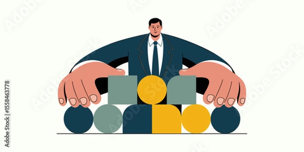 Fototapeta manager arranging blocks to build a new structure, vector illustration for corporate restructuring, business reorganization and asset management