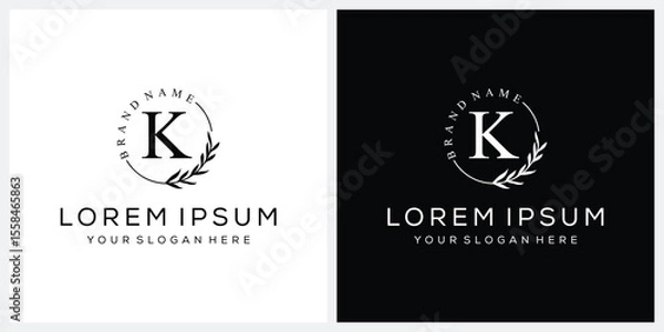 Obraz Initial letter K cosmetics fashion logo design, serif font graphic icon, leaves nature symbol concept