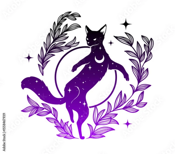 Fototapeta Vector illustration of a magical cat in silhouette style filled with stars, moons, and cosmic textures. Mysterious and dreamy design using deep blue, black, and violet tones.