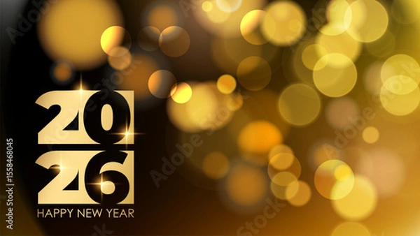 Obraz 2026 Happy New Year celebration banner. Bright blurred bokeh lights. Gold color. Vector illustration.	
