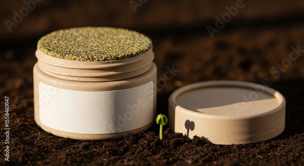 Fototapeta Eco-Friendly Seed Jar with Sprout in Soil and Natural Packaging