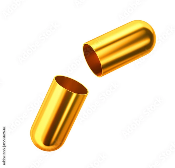 Fototapeta Opened golden capsule pill isolated on white background. Clipping path included