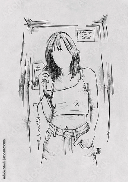 Obraz Girl with Phone Sketch Art