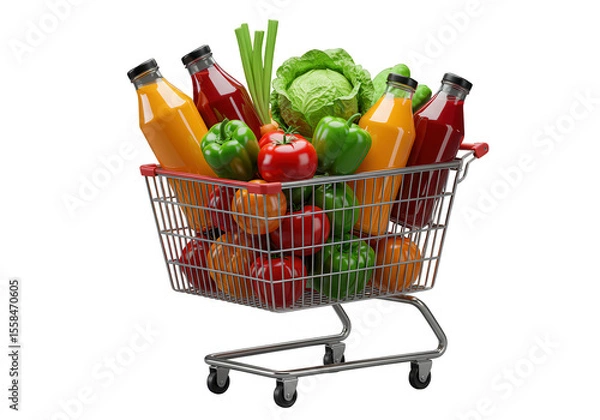 Fototapeta A shopping cart full of groceries isolated on transparent background