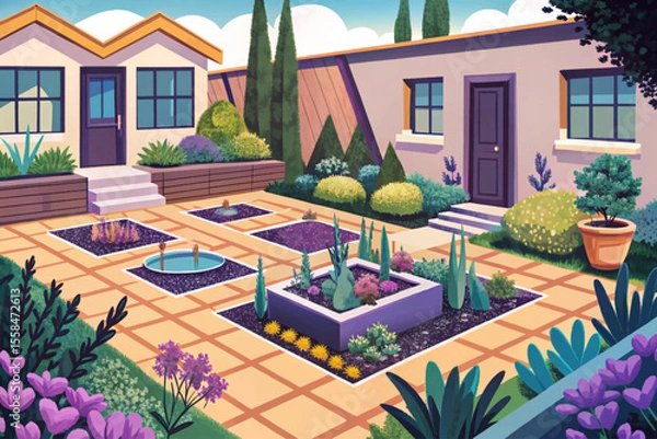 Fototapeta modern backyard garden with geometric layout, clean lines, and minimal greenery perfect for landscape design, architecture, and outdoor lifestyle visuals