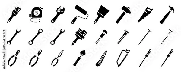 Fototapeta Construction tools vector icon set. Adjustable wrench, brush, roller, hammer and nails. Screw, nut and bolt. Tape measure, screwdriver, putty knife, saw, pliers and wire cutters