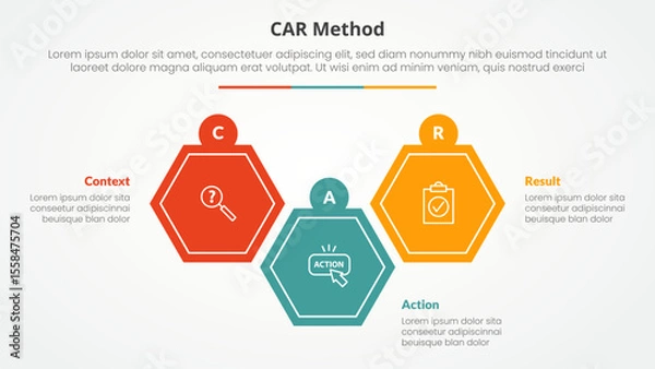 Fototapeta CAR interview model infographic concept for slide presentation with hexagon shape up and down with 3 point list with flat style