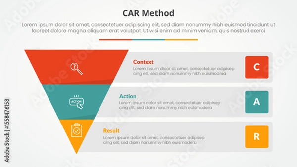 Fototapeta CAR interview model infographic concept for slide presentation with reverse pyramid and rectangle box container description with 3 point list with flat style