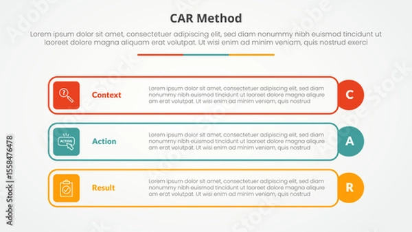 Fototapeta CAR interview model infographic concept for slide presentation with outline rectangle box and circle edge with 3 point list with flat style