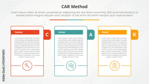 Fototapeta CAR interview model infographic concept for slide presentation with big outline table with title badge and circle accessories bottom with 3 point list with flat style