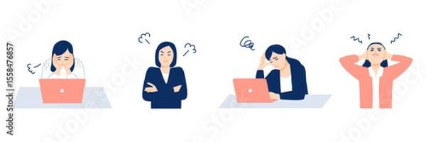 Obraz ストレスに悩む働く女性の表情（ため息、怒り、困惑、イライラ）セット