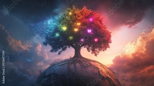 Fototapeta Illustration of a cracked Earth sprouting a symbolic tree with branches displaying glowing mental illness icons—chains, clouds, tears—and blooming rainbow solutions, reflecting growth and recovery