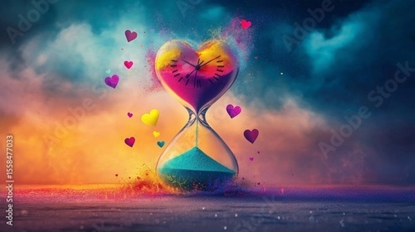 Fototapeta Creative surreal illustration of a broken hourglass spilling multicolored sand that turns into broken hearts, clouds, and clocks, symbolizing time lost to anxiety, emotional decay, and mental pressure