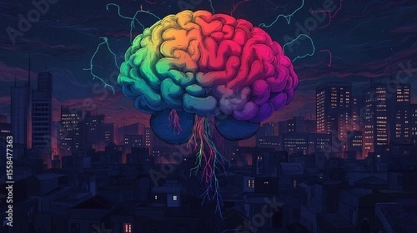 Fototapeta Creative multicolor illustration of a glowing human brain hovering above a shadowy cityscape with neural roots connecting to people below, symbolizing global emotional burden and depression 