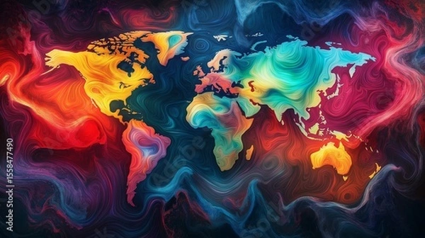 Fototapeta Vibrant conceptual illustration of a world map formed by multicolored emotional waves symbolizing sadness, anxiety, and fear, flowing across continents and representing the global spread of mental 