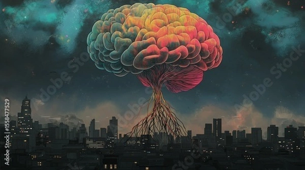 Fototapeta Illustrated concept of a glowing multicolored brain suspended above a dark city with emotional roots connecting individuals below, symbolizing the global burden and collective experience of depression
