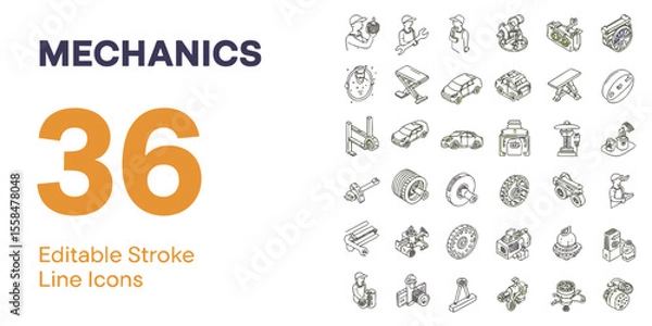 Fototapeta Mechanics Editable Stroke Line Icons – 36 Vector Icon Set