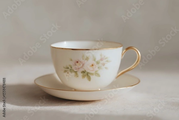 Fototapeta Delicate Floral Ceramic Teacup & Saucer Set - Spring Blossom Design. Beautiful simple AI generated image