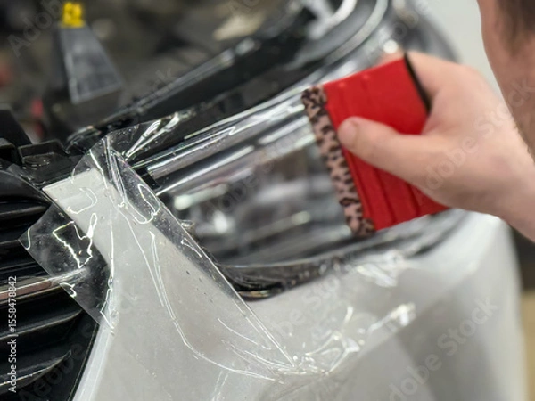 Obraz The process of installing a protective polyurethane film for paint on the front headlight of a car. PPF is a polyurethane film that helps protect glass and metal from scratches. Selective focus.  