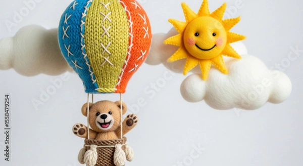 Obraz A little happy teddy bear, flying and waving his hand on a knitted woolen balloon, against the background of clouds made of woolen felt, and the smiling face of the sun