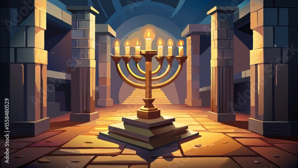 Fototapeta A bronze Menorah stands tall with glowing candles, casting soft shadows on old temple stone. In stark contrast, the black Kaaba cube rests silent in an empty courtyard at dusk, its golden script subtl