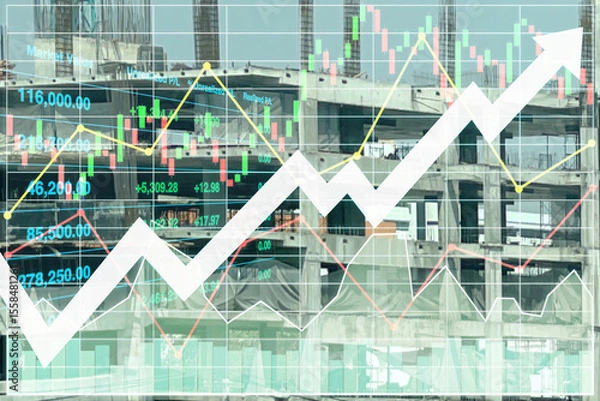 Fototapeta Stock financial index data show successful investment on construction industry with graph, chart, candlesticks diagram and arrow up symbol on building construction site background.
