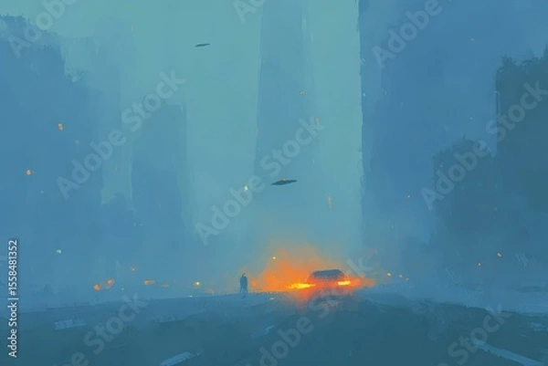 Fototapeta A cyberpunk-style portrait of a man with a digital face mask, glowing neon lines, and advanced robotic limbs . Beautiful simple AI generated image