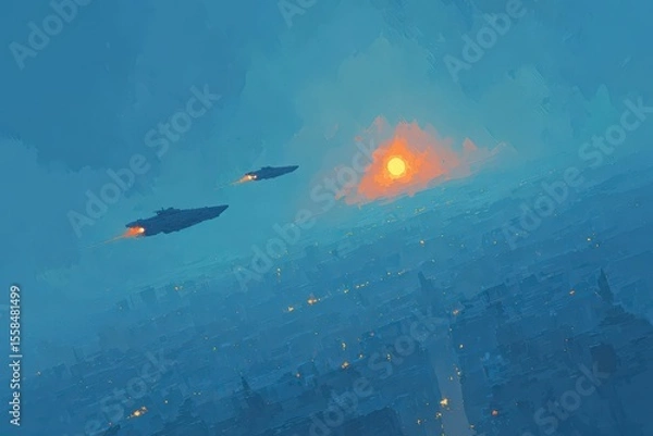 Fototapeta A cyberpunk-style portrait of a man with a digital face mask, glowing neon lines, and advanced robotic limbs . Beautiful simple AI generated image