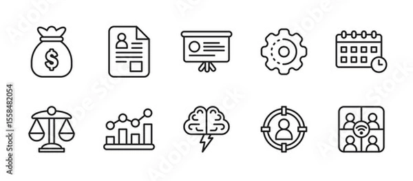 Obraz Business icon set in outline style featuring essential symbols for finance, career, productivity, legal, growth, teamwork, and corporate development.