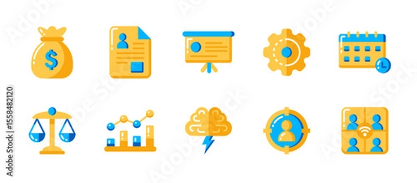 Obraz Business icon set in flat style for finance, career development, teamwork, legal protection, innovation, corporate projects, and success planning.