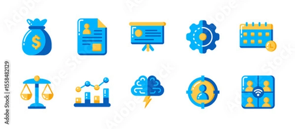 Obraz Business icon set in flat style for finance, career development, teamwork, legal protection, innovation, corporate projects, and success planning.