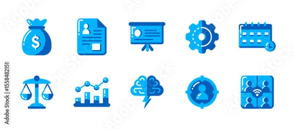 Obraz Business icon set in flat style for finance, career development, teamwork, legal protection, innovation, corporate projects, and success planning.