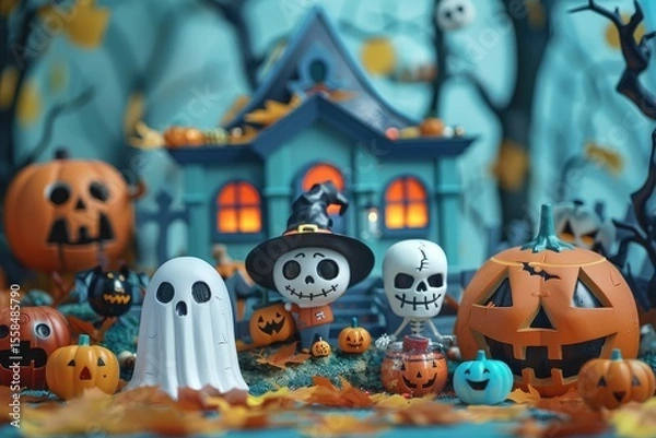 Fototapeta Halloween display with decorative figures and pumpkins.