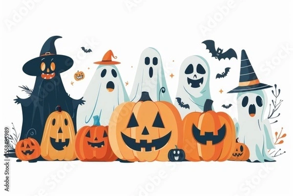 Fototapeta Halloween characters and pumpkins in a festive display.