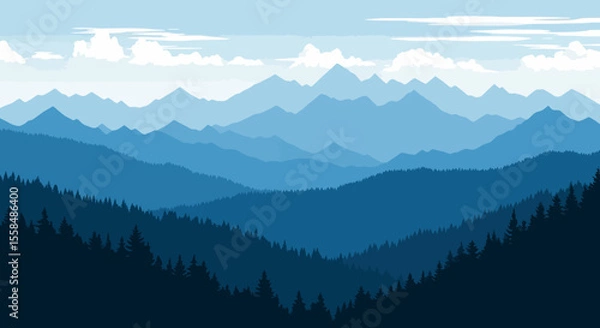 Fototapeta Serene Blue Mountain Range Landscape Panoramic View of Majestic Peaks and Forests
