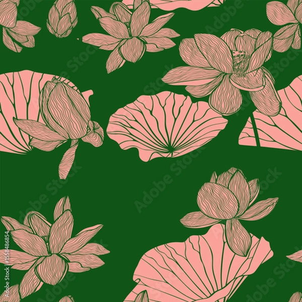 Obraz Lotus Vector flowers with leaves seamless pattern. Line arts design for packaging template, pattern design element, vintage background.