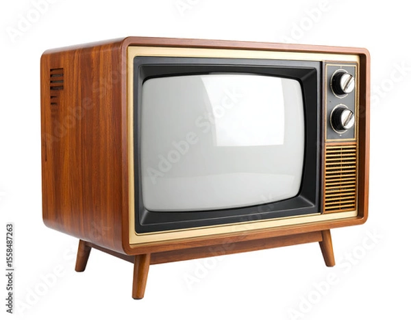 Fototapeta A classic wooden vintage television set with a blank screen evokes a sense of nostalgia for bygone eras.