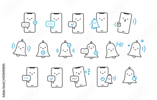 Fototapeta Icons for phones, bells, and notifications. Vector. Linear style. A set of icons for design projects. Lively and cute characters with human faces.